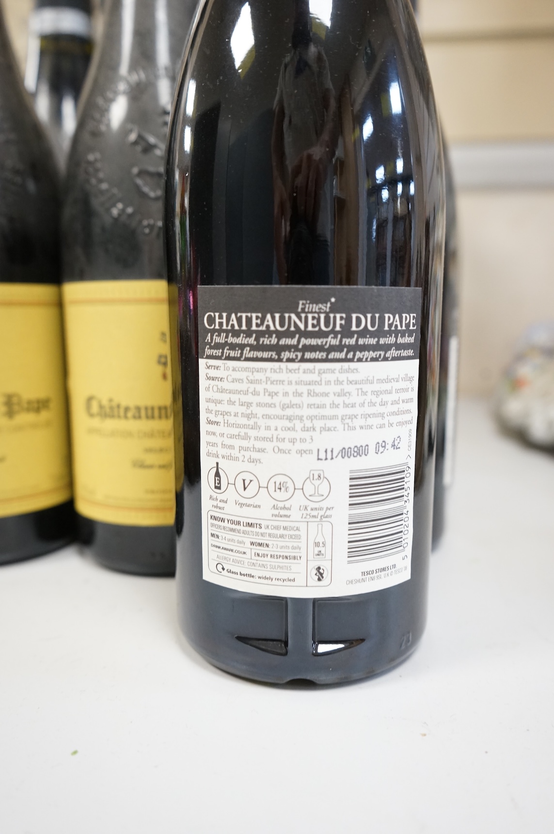 Eighteen bottles of Chateuneuf du Pape, bottled for Tesco, 2008 (13) and 2010 (5)